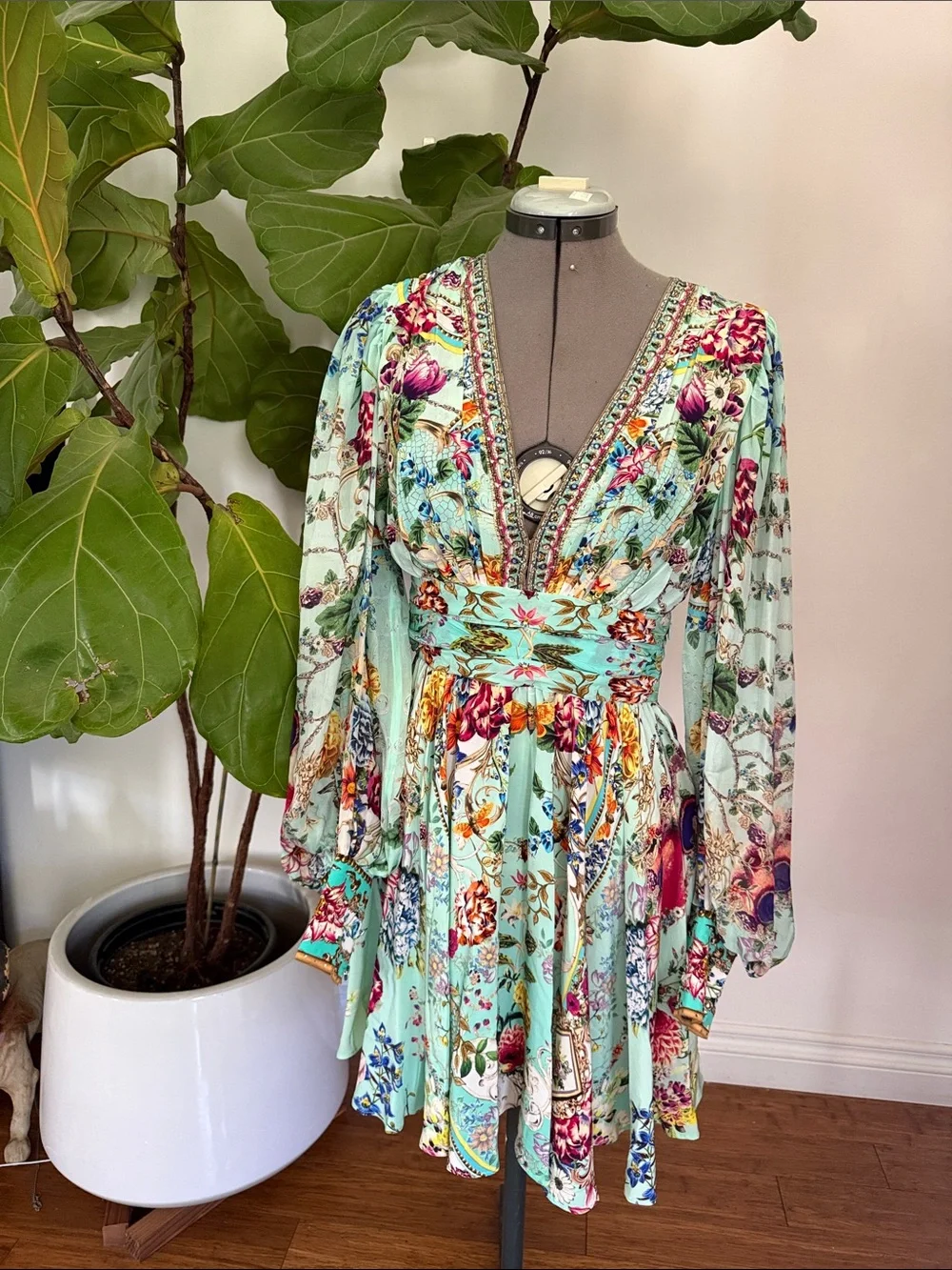 Camilla Brand Floral V-Neck Long Sleeve Mini Dress with Beading. - Picture 1 of 9